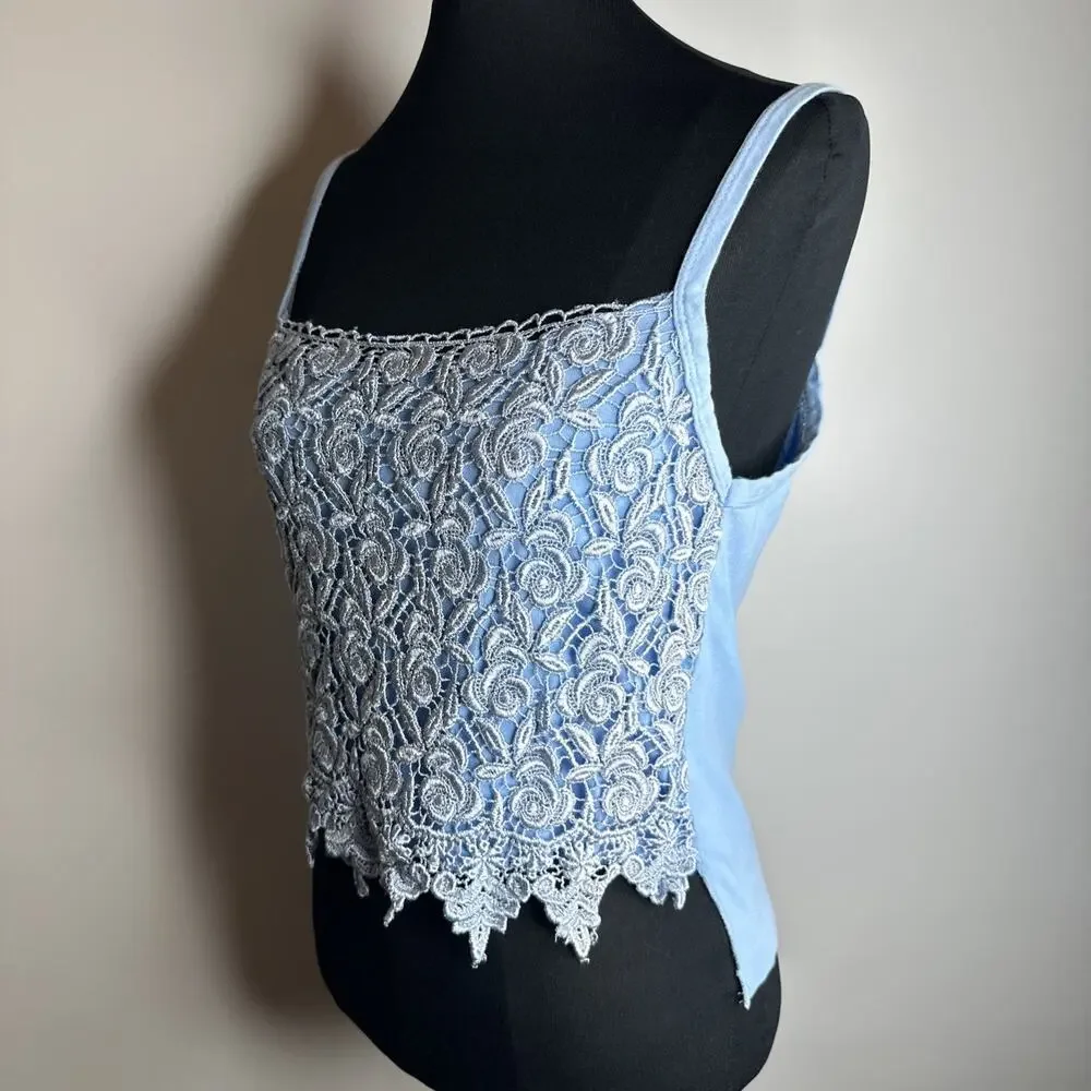 Vintage Awesome Wear Blue Lace Overlay Floral Crop Top Cami Size 3X Fits Medium - Picture 2 of 11